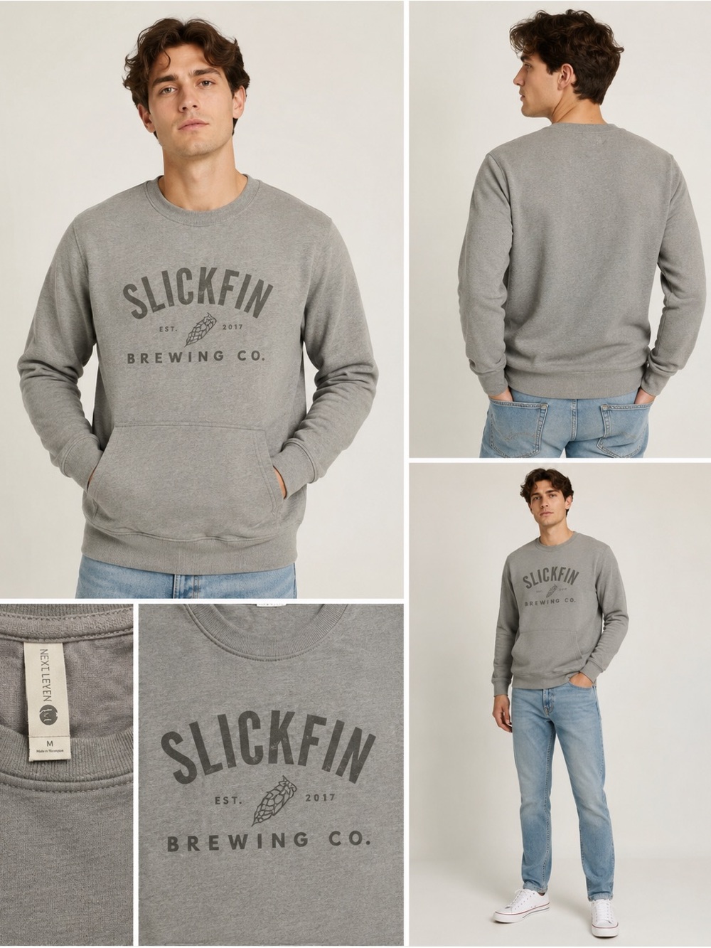 Slickfin Brewing Co Gray Crewneck Sweatshirt Medium Brewery Graphic
